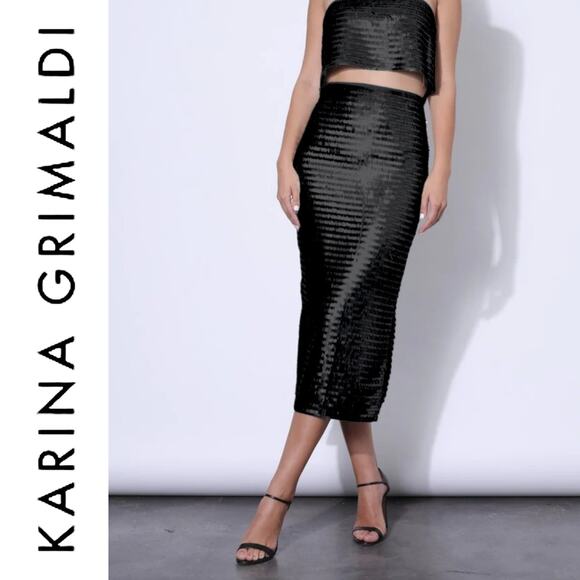Karina Grimaldi | S | Hayve Black Shingle Sequin High Side Slits Midi Skirt - Picture 2 of 9
